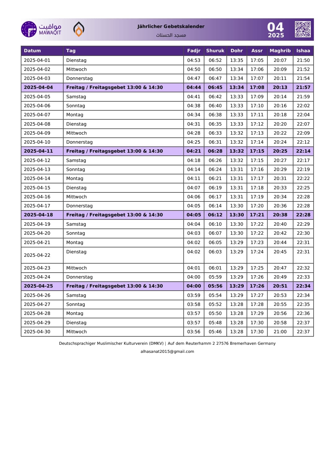 Gebetskalender April 2025