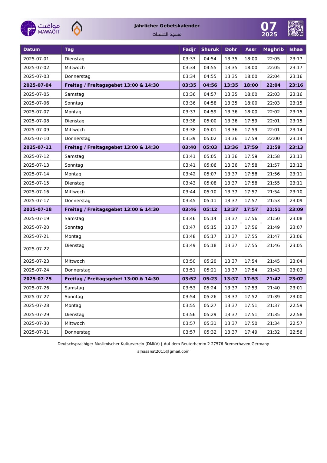 Gebetskalender Juli 2025
