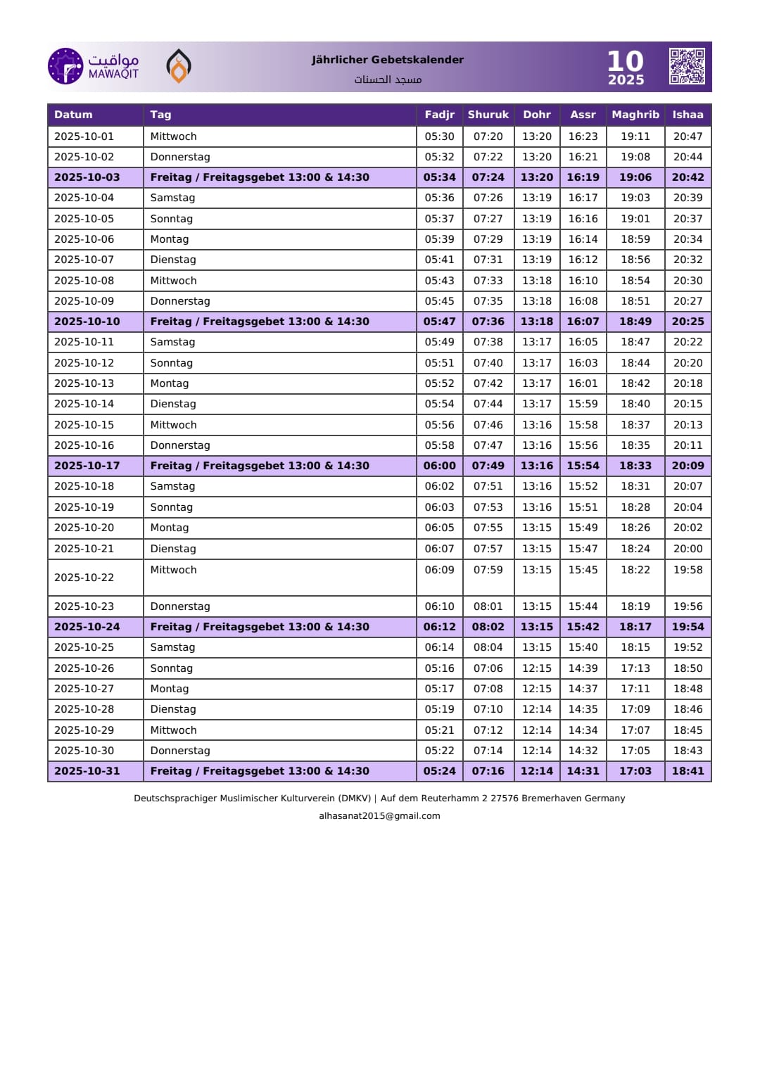 Gebetskalender Oktober 2025